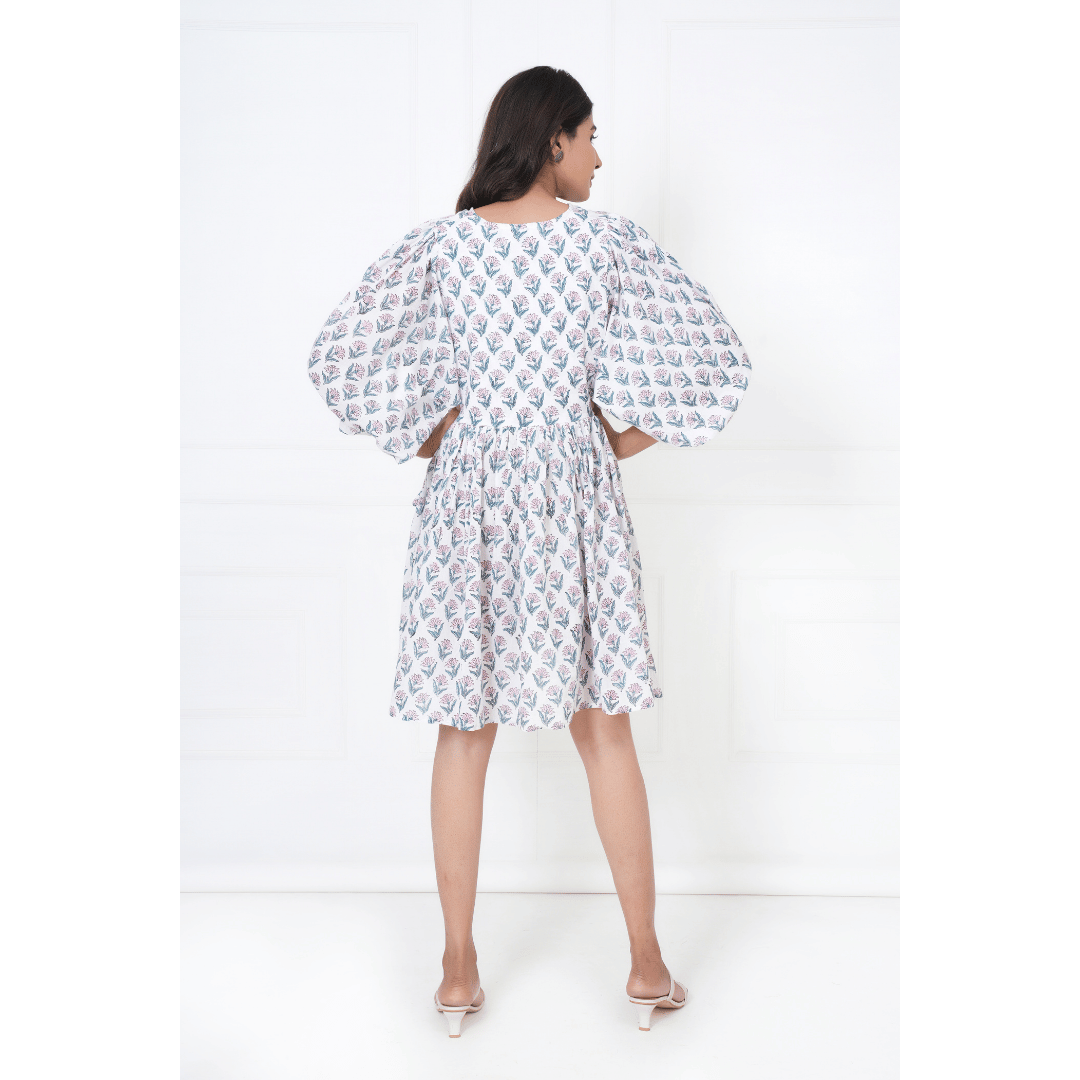 Floral Flowers Hand-Block Print Cotton Mini Doi Dress
