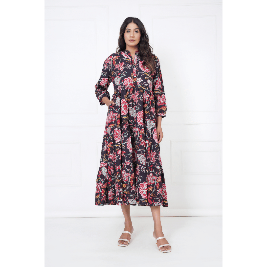 Floral Block Print Cotton Maxi Anokhi Dress