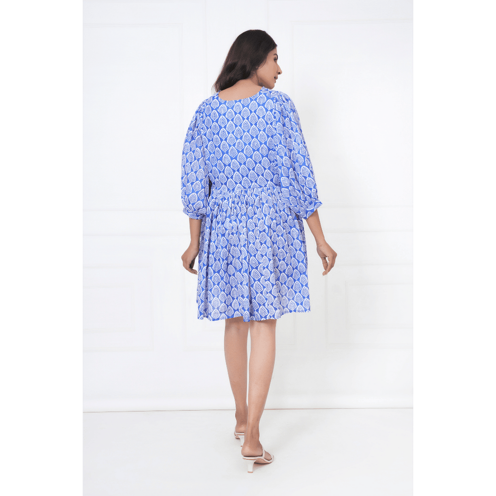 Indigo Bloom Hand-Block Printed Cotton Mini Doi Dress