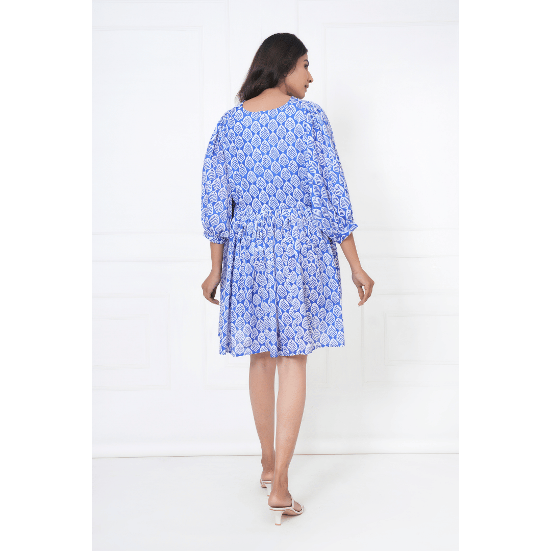Indigo Bloom Hand-Block Printed Cotton Mini Doi Dress