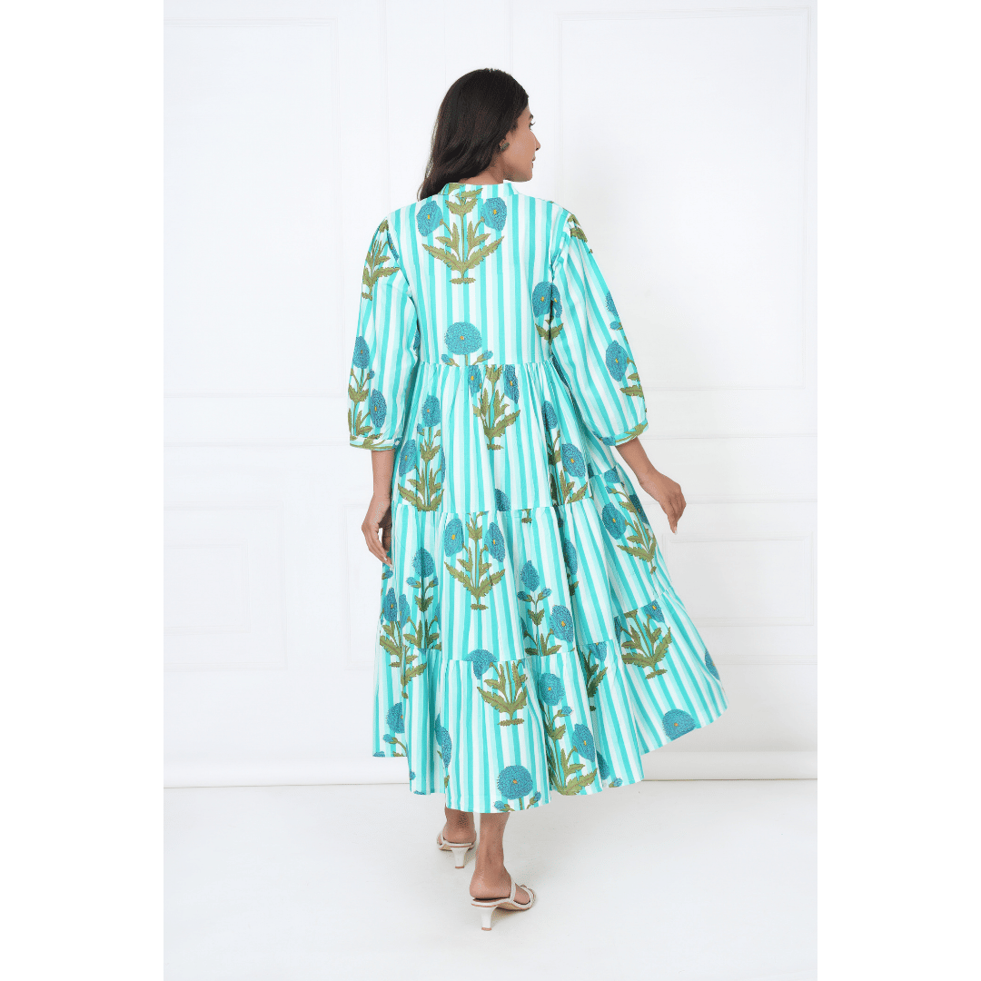 Turquoise Blue Print Maxi Anokhi Dress