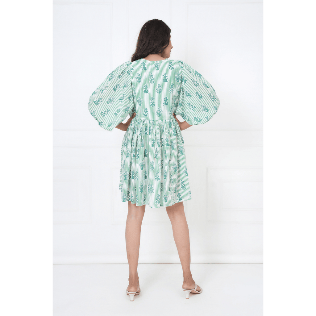 White Green Stripe Hand-Block Print Cotton Mini Doi Dress