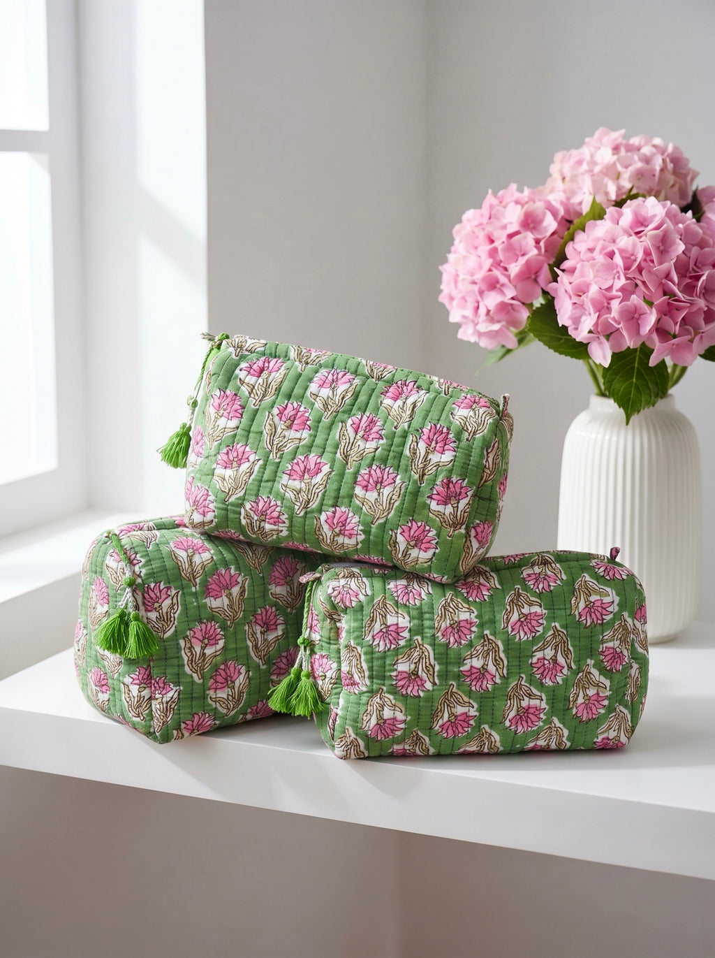 Sage Blossom Quilted Pouch Set (Set of 3)