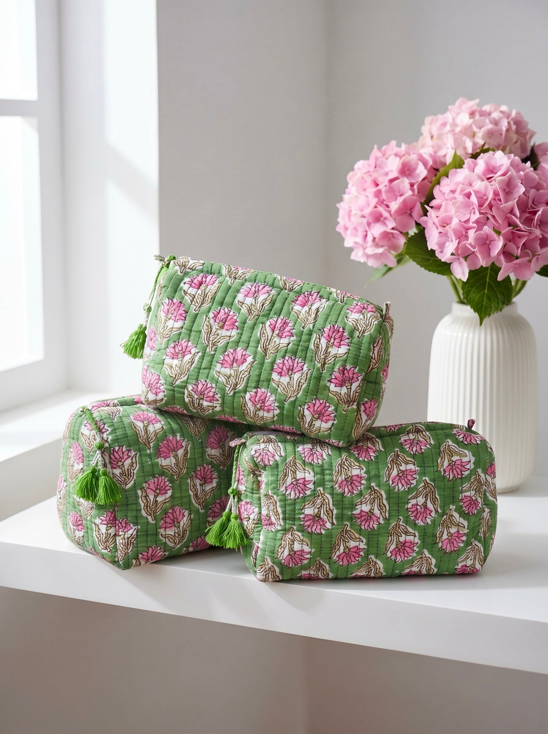 Sage Blossom Quilted Pouch Set (Set of 3)