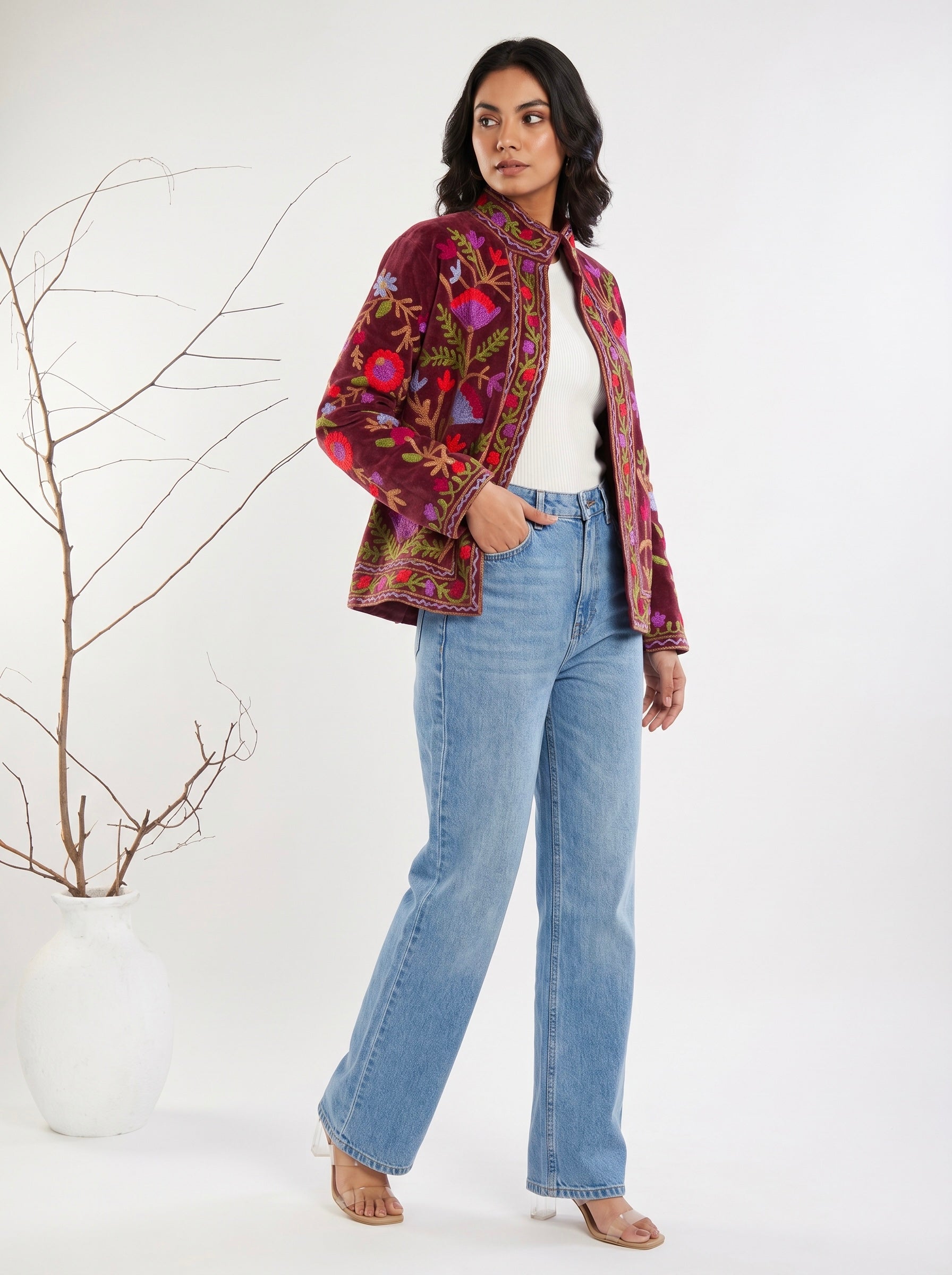 Burgundy Velvet Colorful Floral Vine Jacket