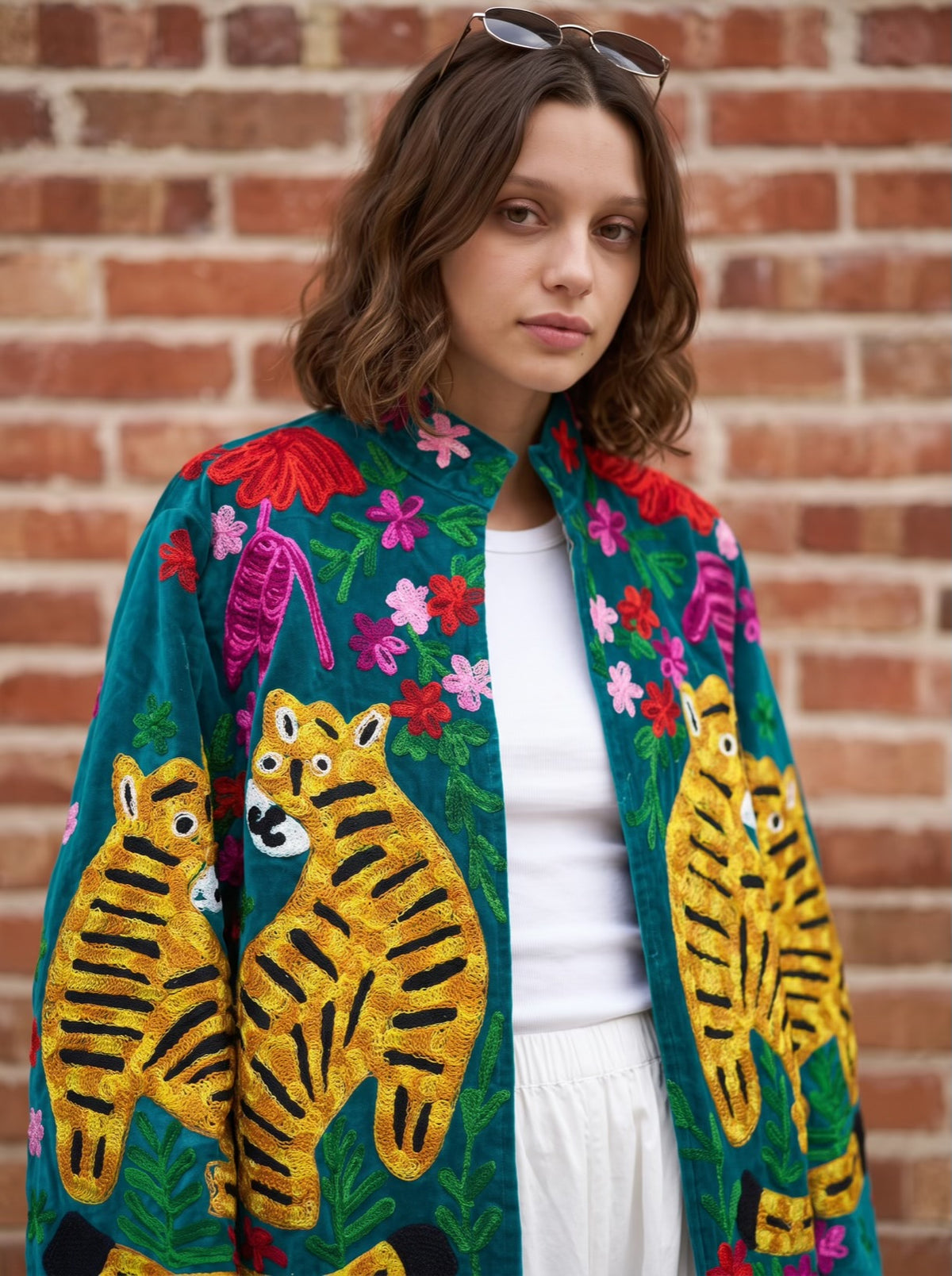 Teal Garden Tiger Embroidered Jacket