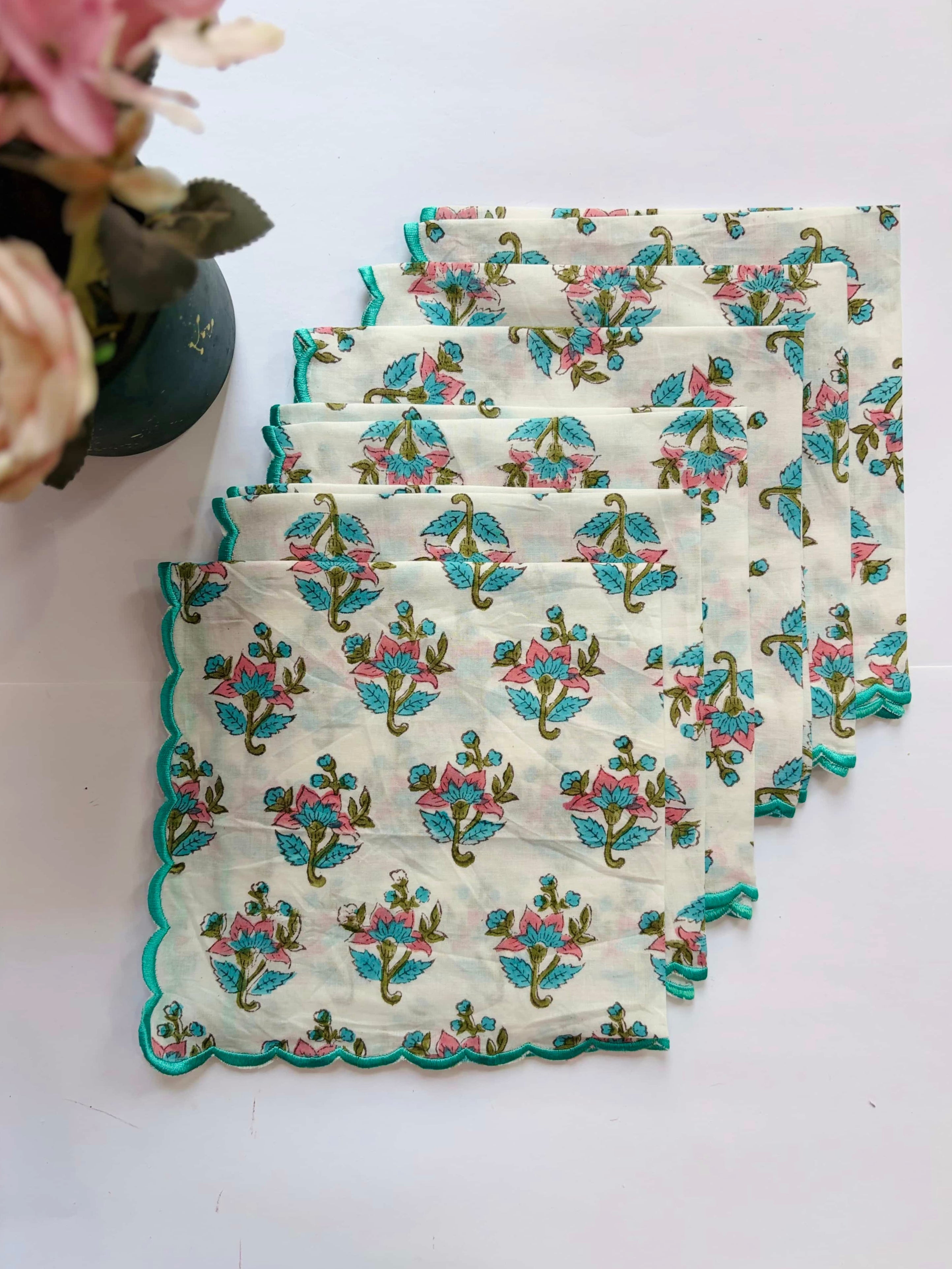 Ivory Bloom Block Print Cotton Napkins