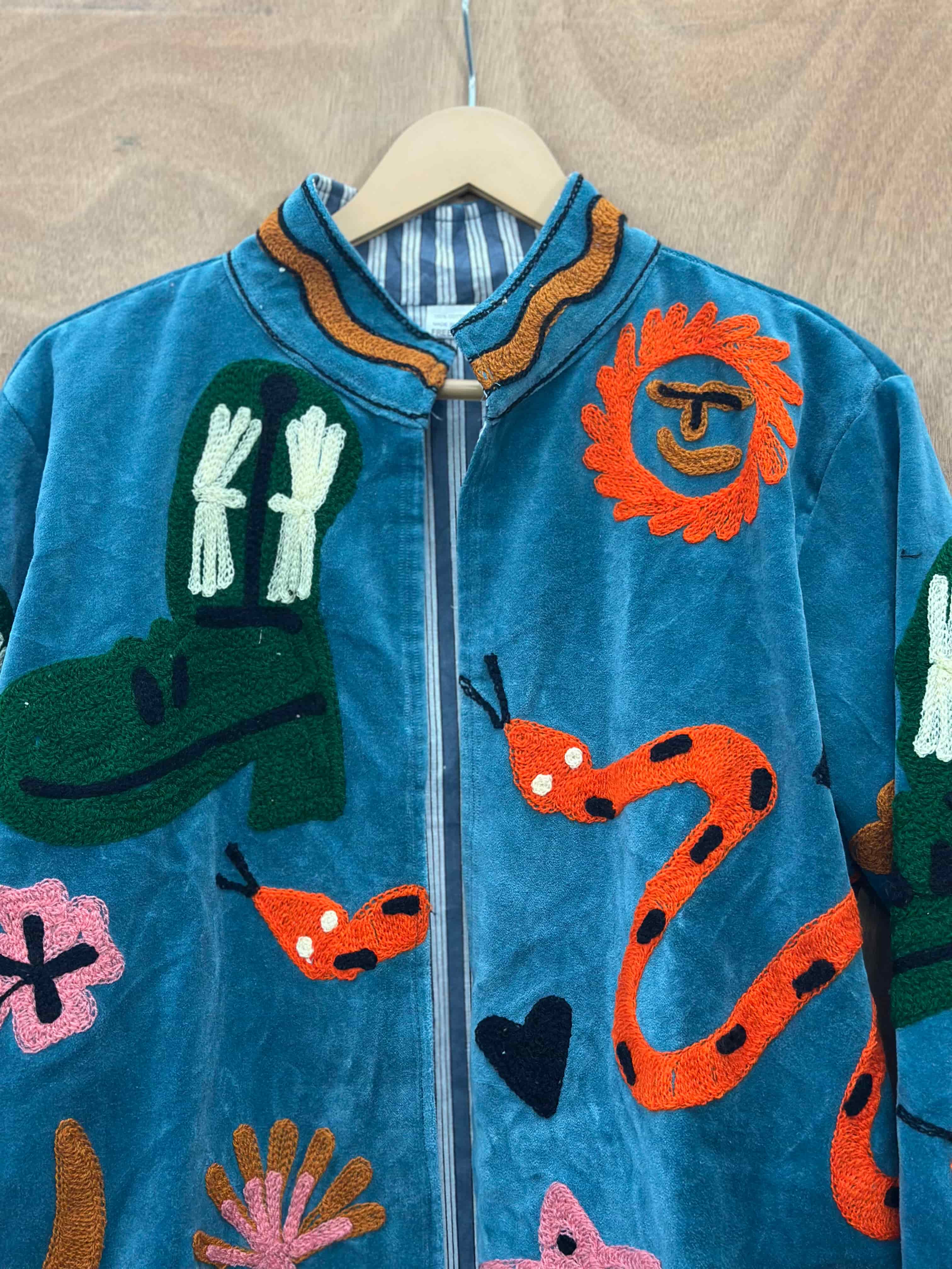 Teal Velvet Embroidered Statement Jacket