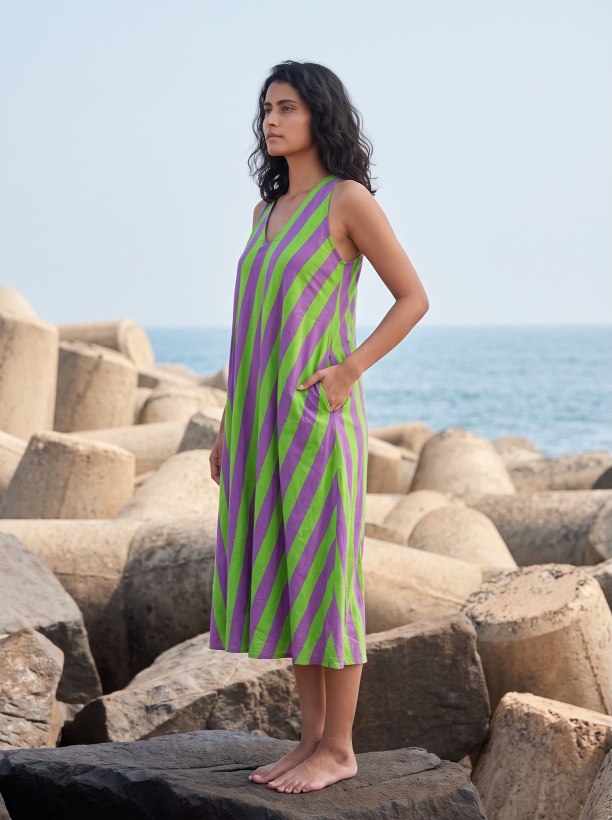 Lime Violet Stripe Midi Dress