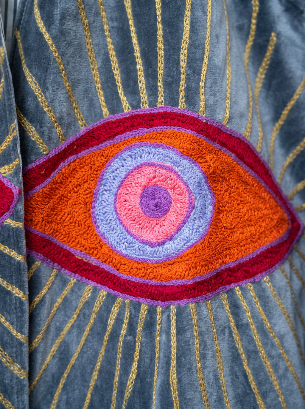 Grey Evil Eye Embroidered Velvet Jacket