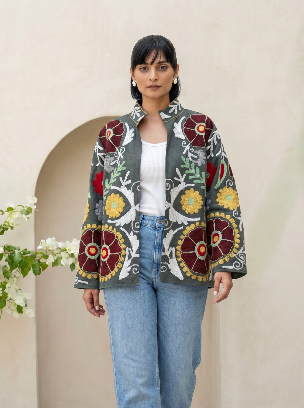 Olive Green Suzani Embroidered Jacket