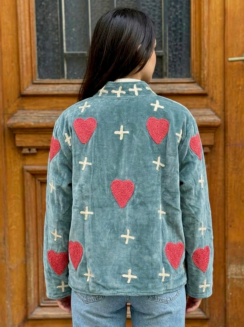 Sage Green Velvet Heart Embroided Jacket