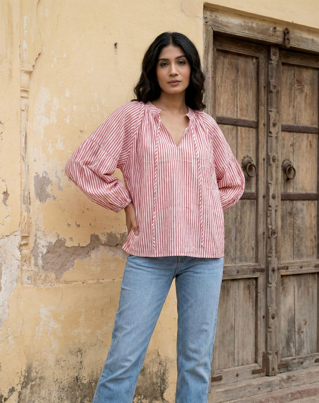Pink Striped Cotton Top with Balloon Sleeves