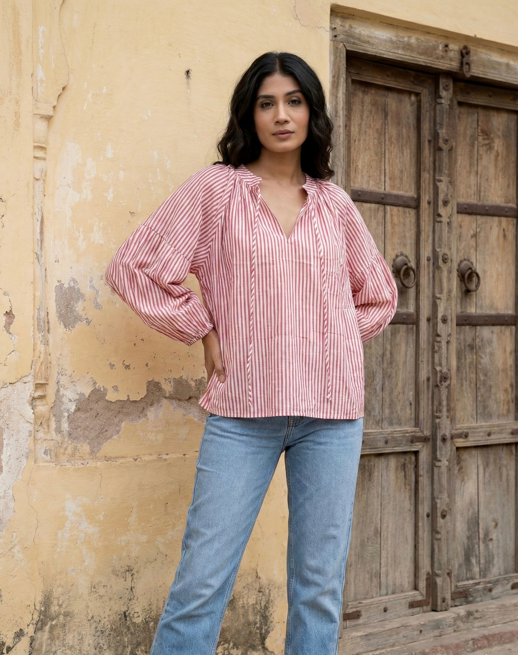 Pink Striped Cotton Top with Balloon Sleeves