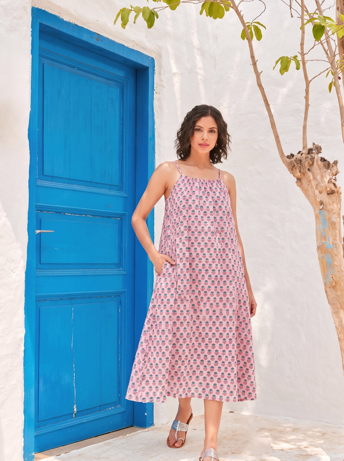 Pink Bloosom Cotton Halter Midi Dress