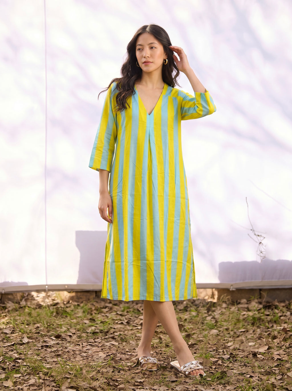 Yellow & Sky Blue Stripe Cotton Dress