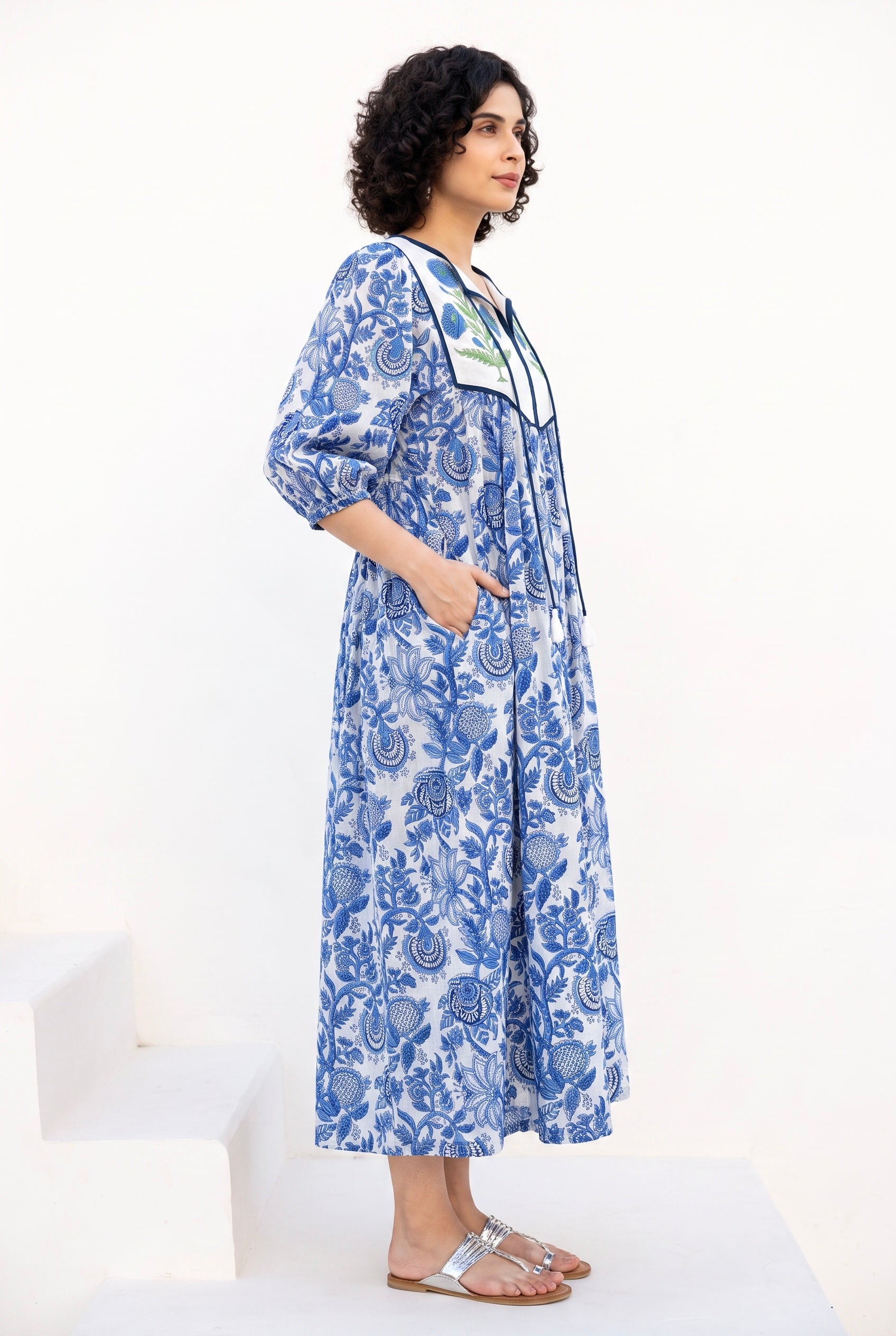 Blue Meadow Cotton Printed Buta Dress