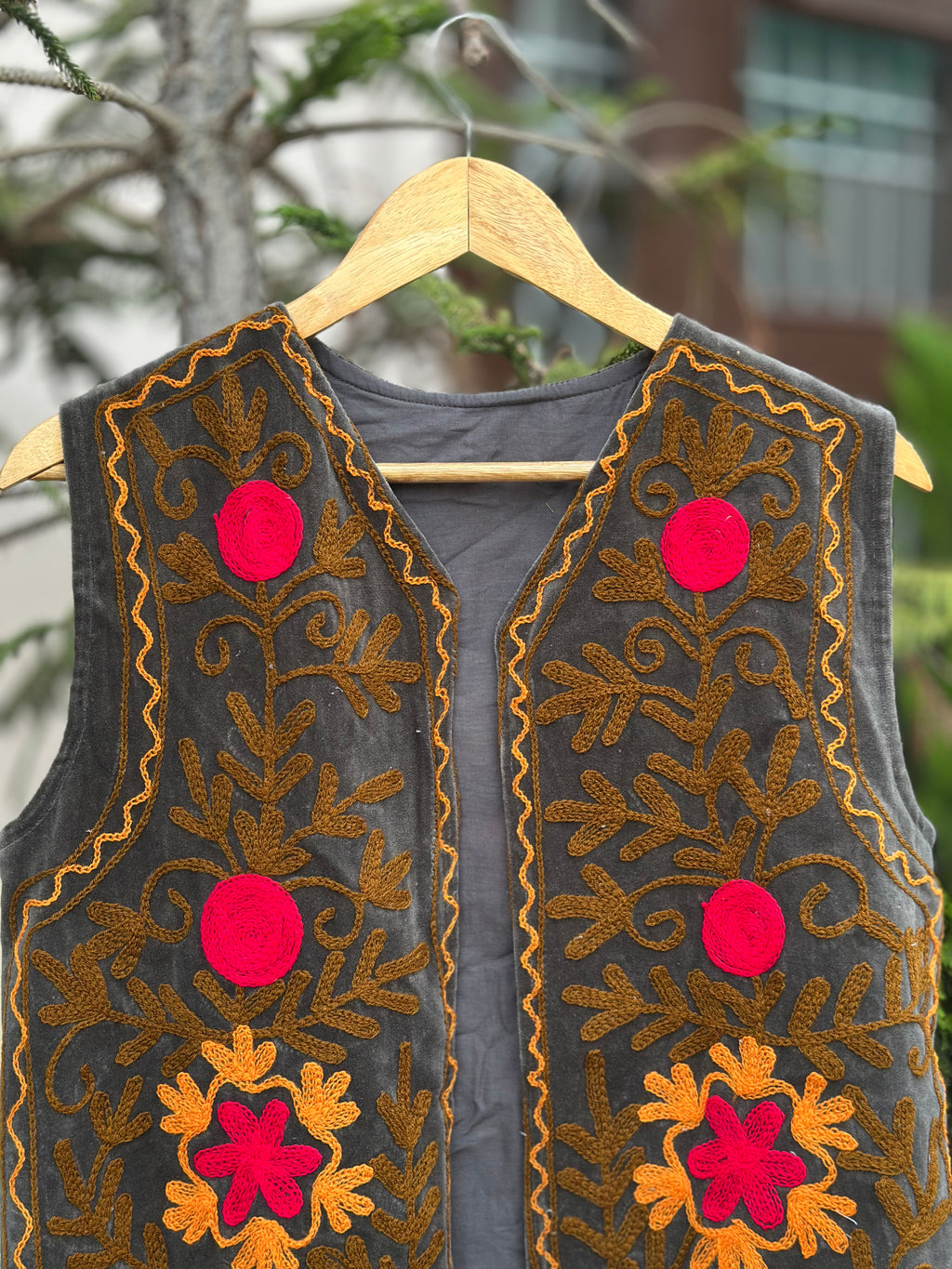 Charcoal Floral Embroidered Velvet Vest