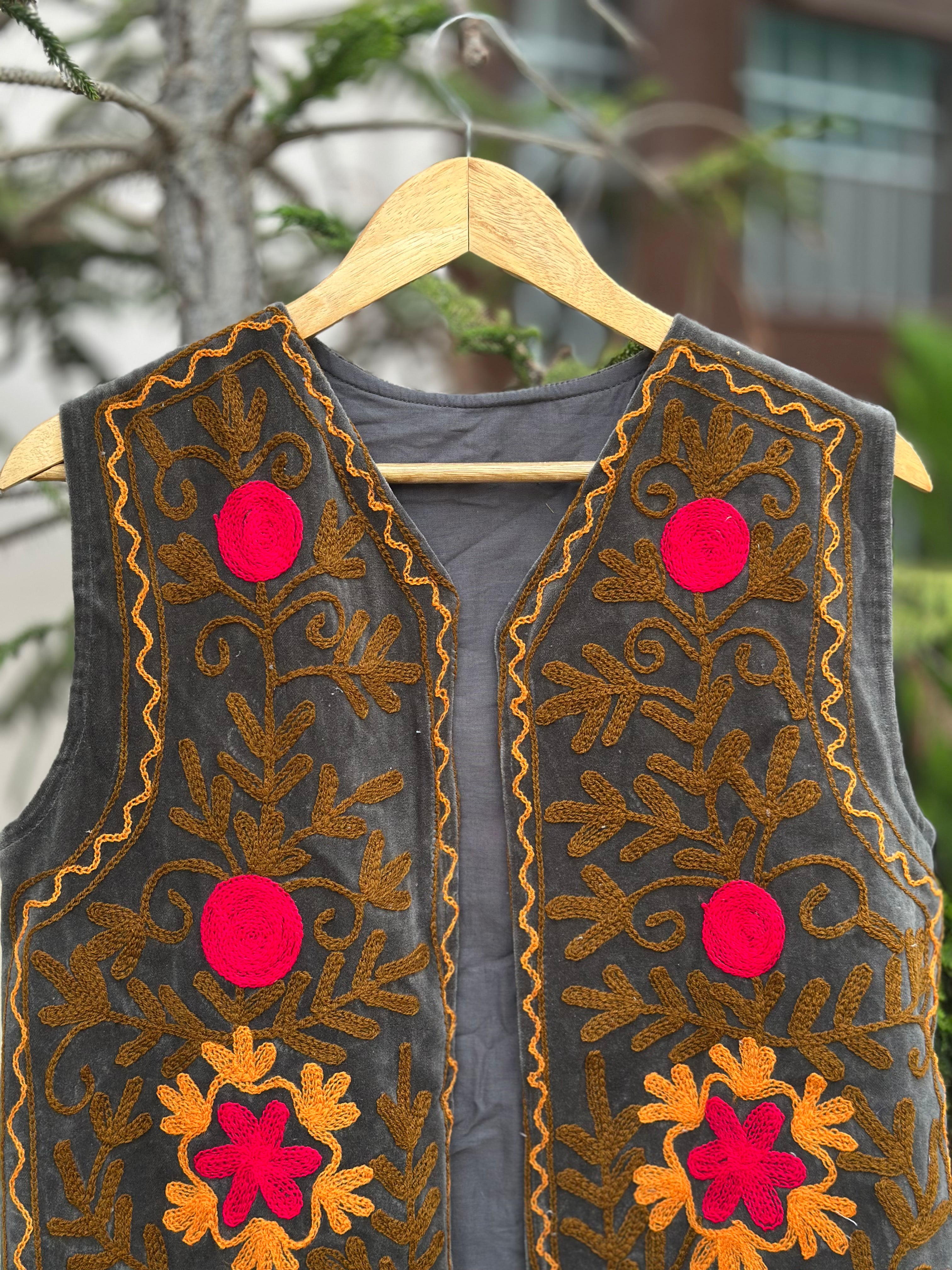 Charcoal Floral Embroidered Velvet Vest