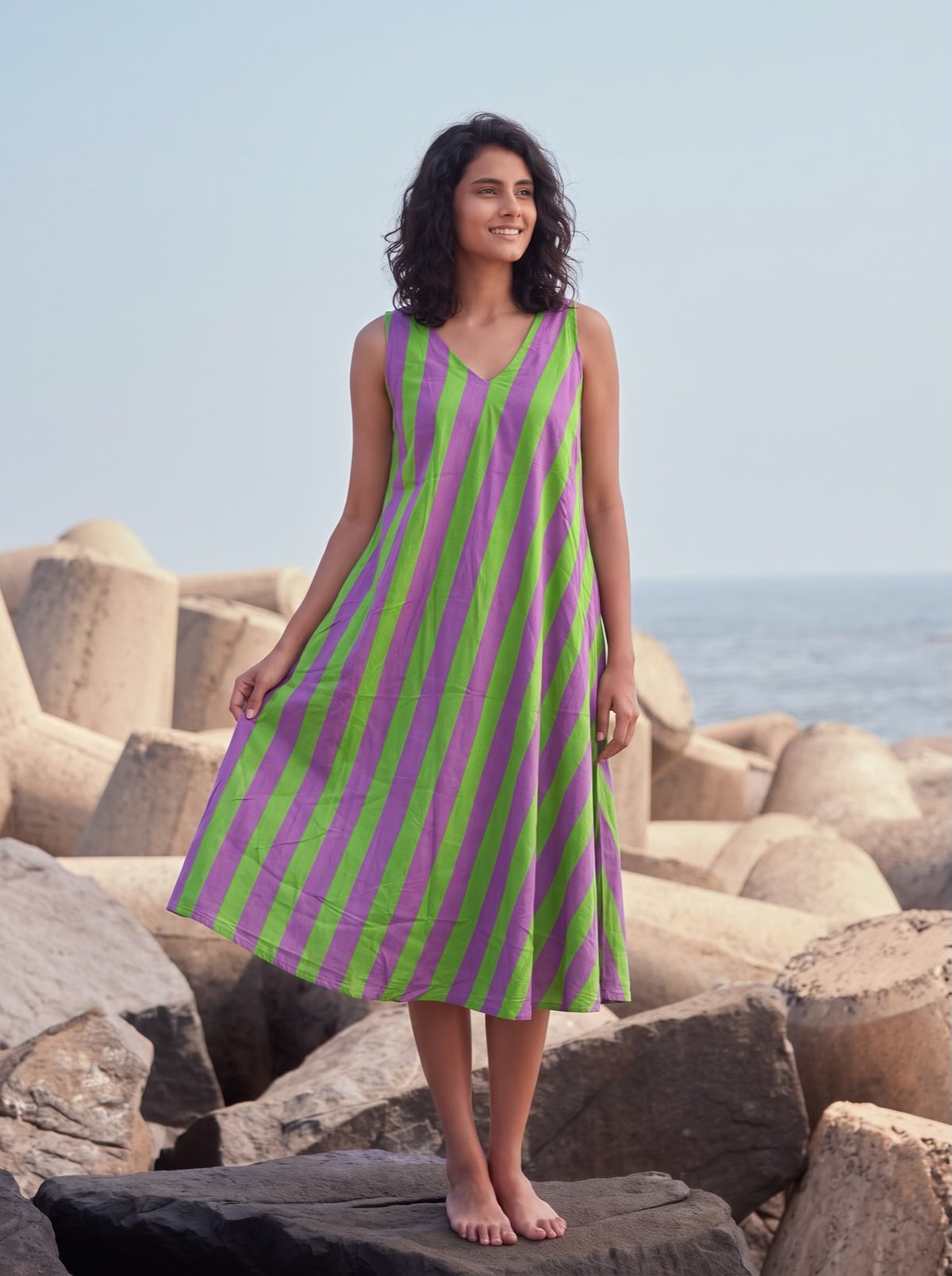 Lime Violet Stripe Midi Dress