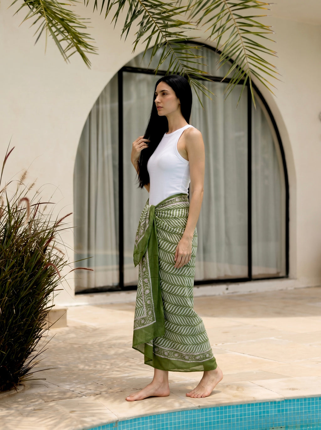 Olive Fern Block Print Cotton Sarong