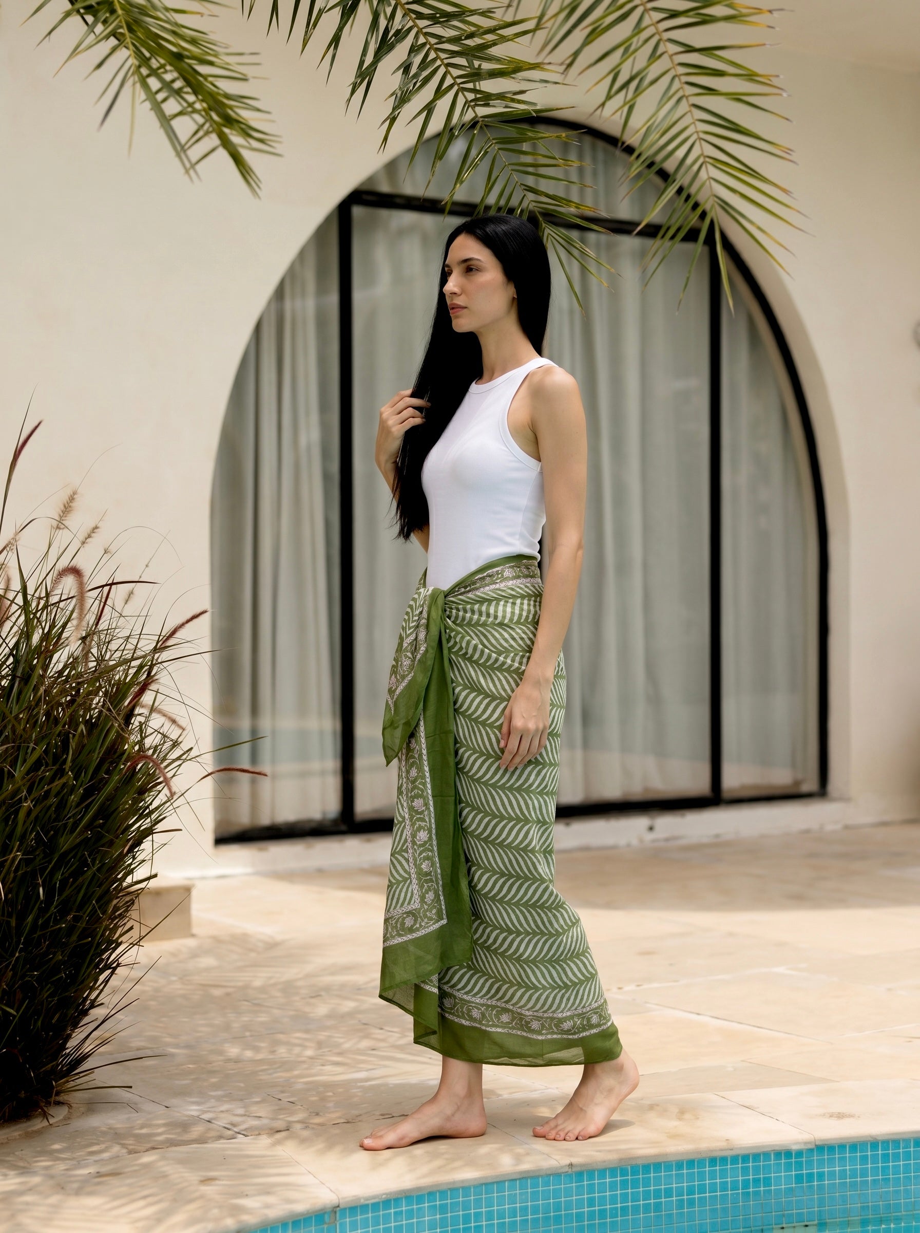 Olive Fern Block Print Cotton Sarong