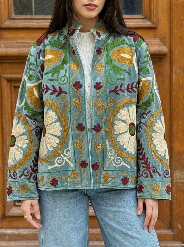 Sea Green Velvet Floral Embroidered Statement Jacket