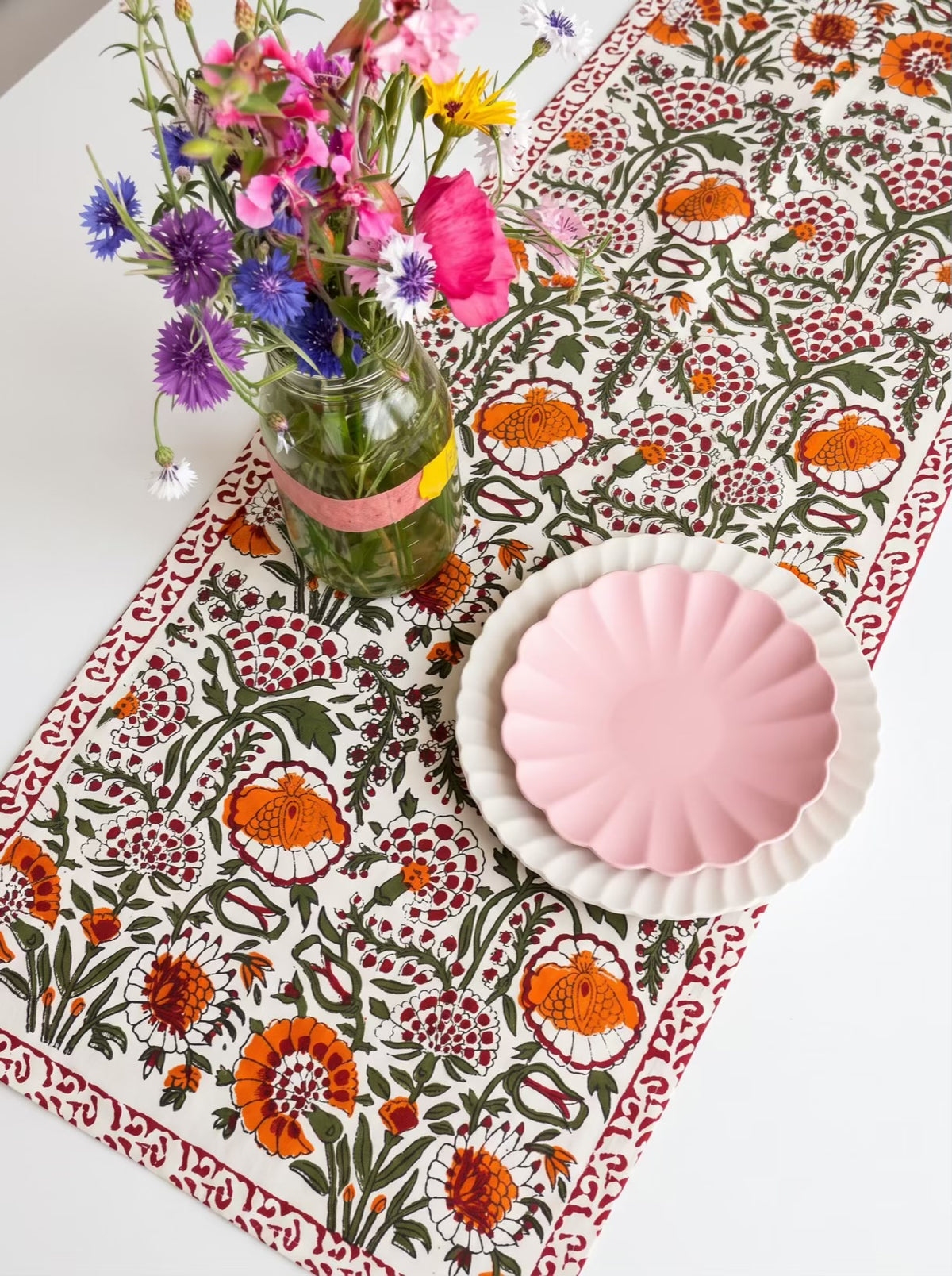 Orange Floral Hand Block Print Table Runner
