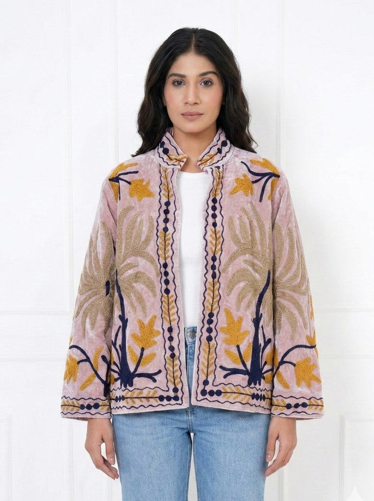 Suzani Blush Pink Embroidered Velvet Jacket