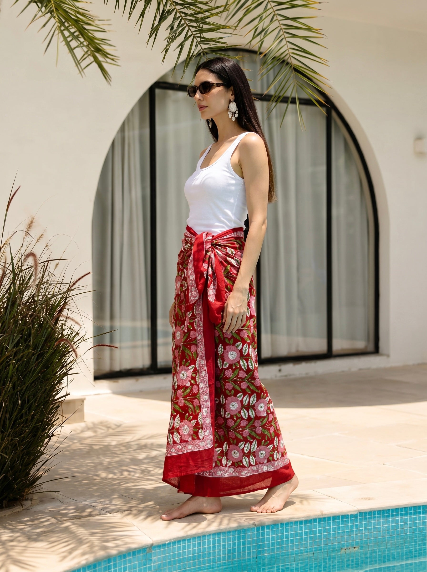 Crimson Bloom Print Cotton Sarong
