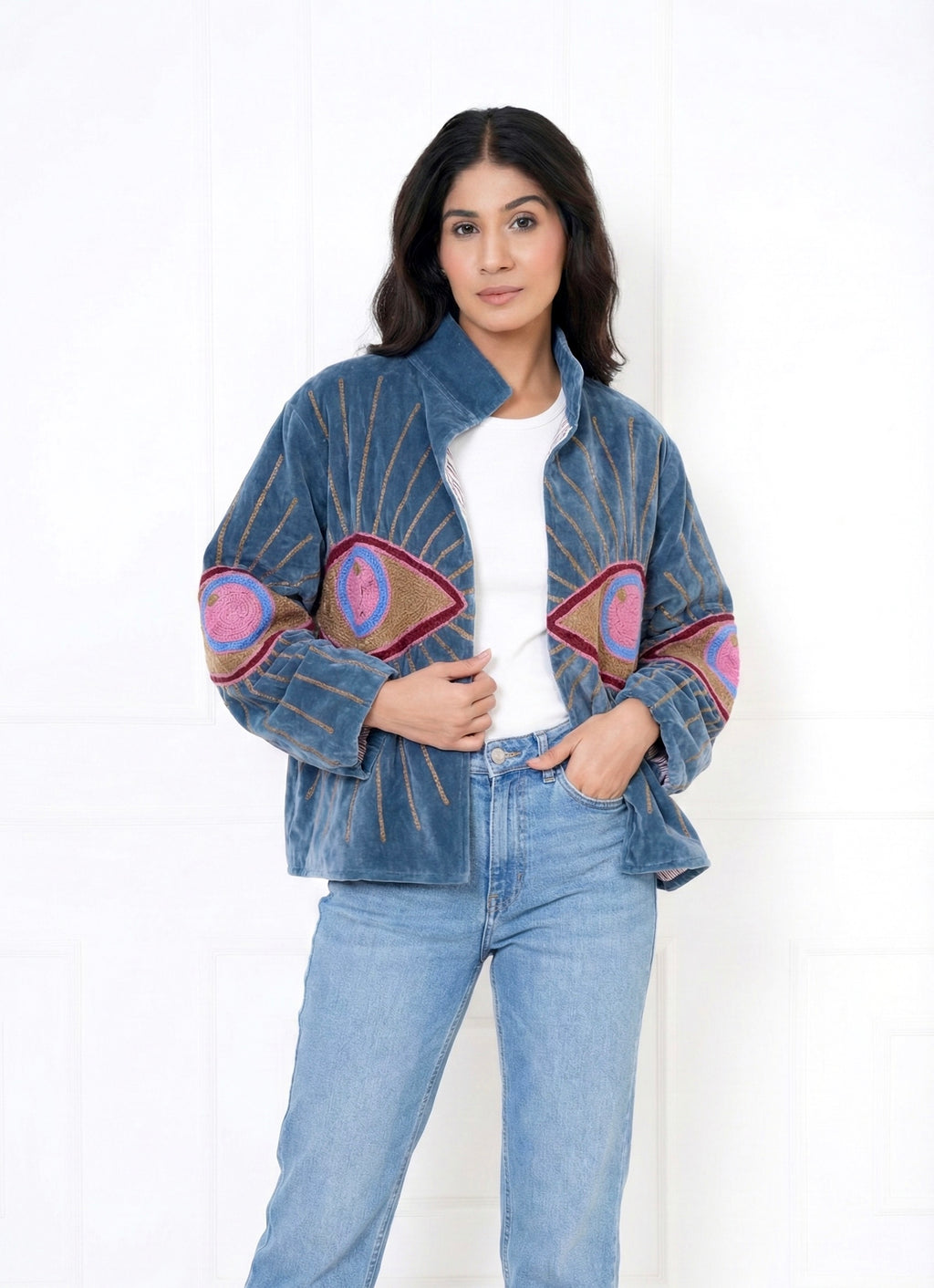 Evil Eye Motif Embroidered Velvet Jacket