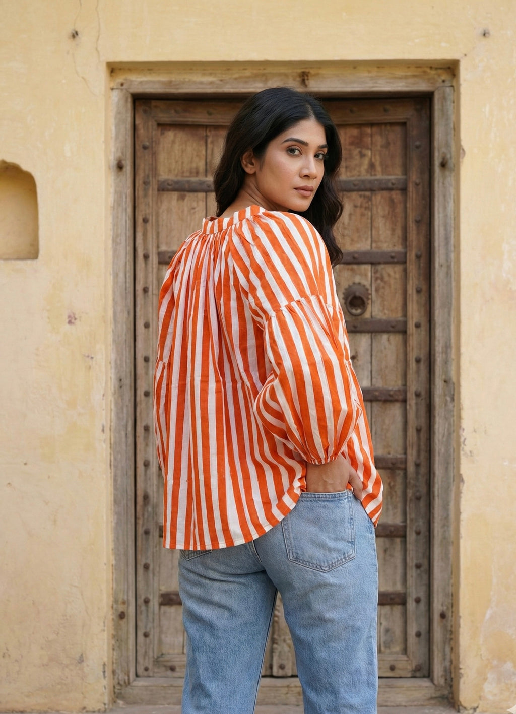 Orange striped Relaxed Fit Cotton Top