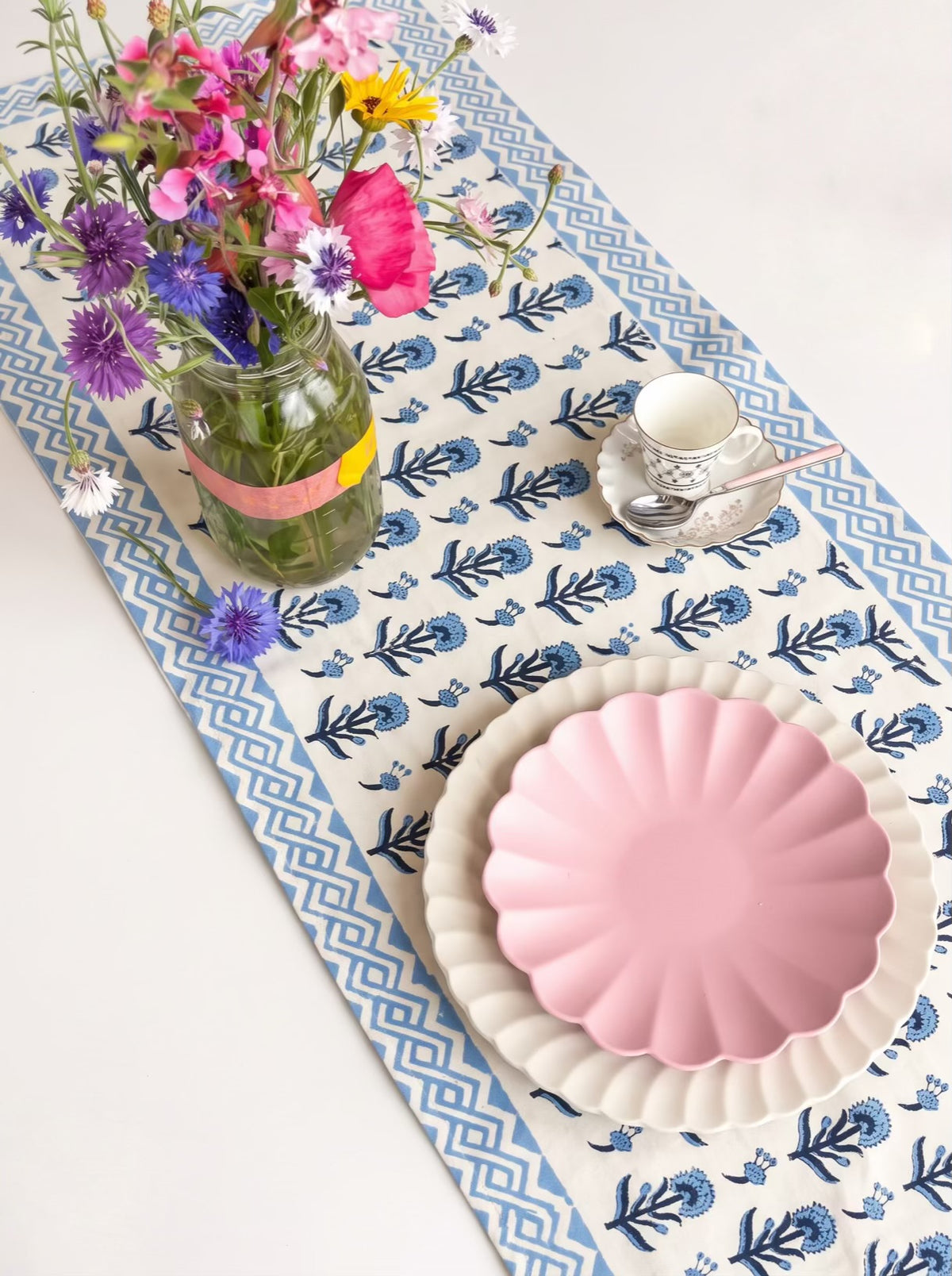 Blue Floral Buti Hand Block Print Table Runner