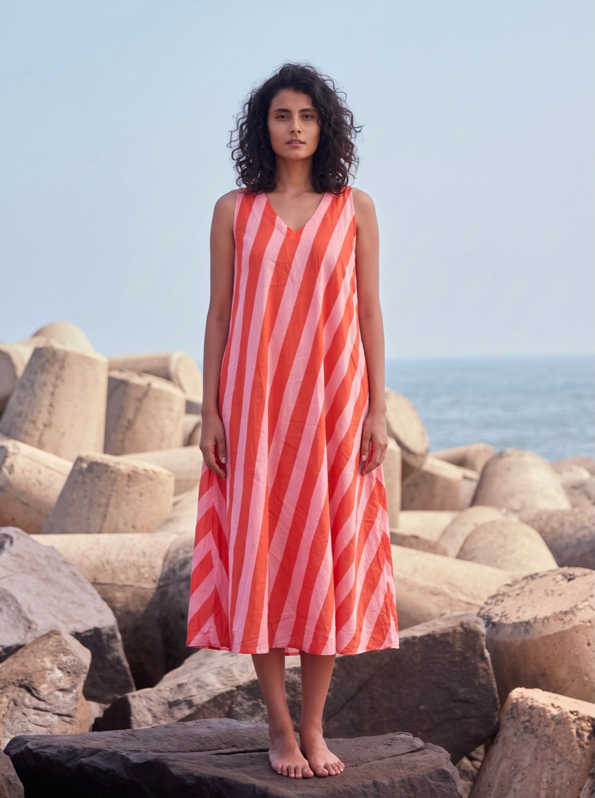 Coral Breeze Striped Midi Dress
