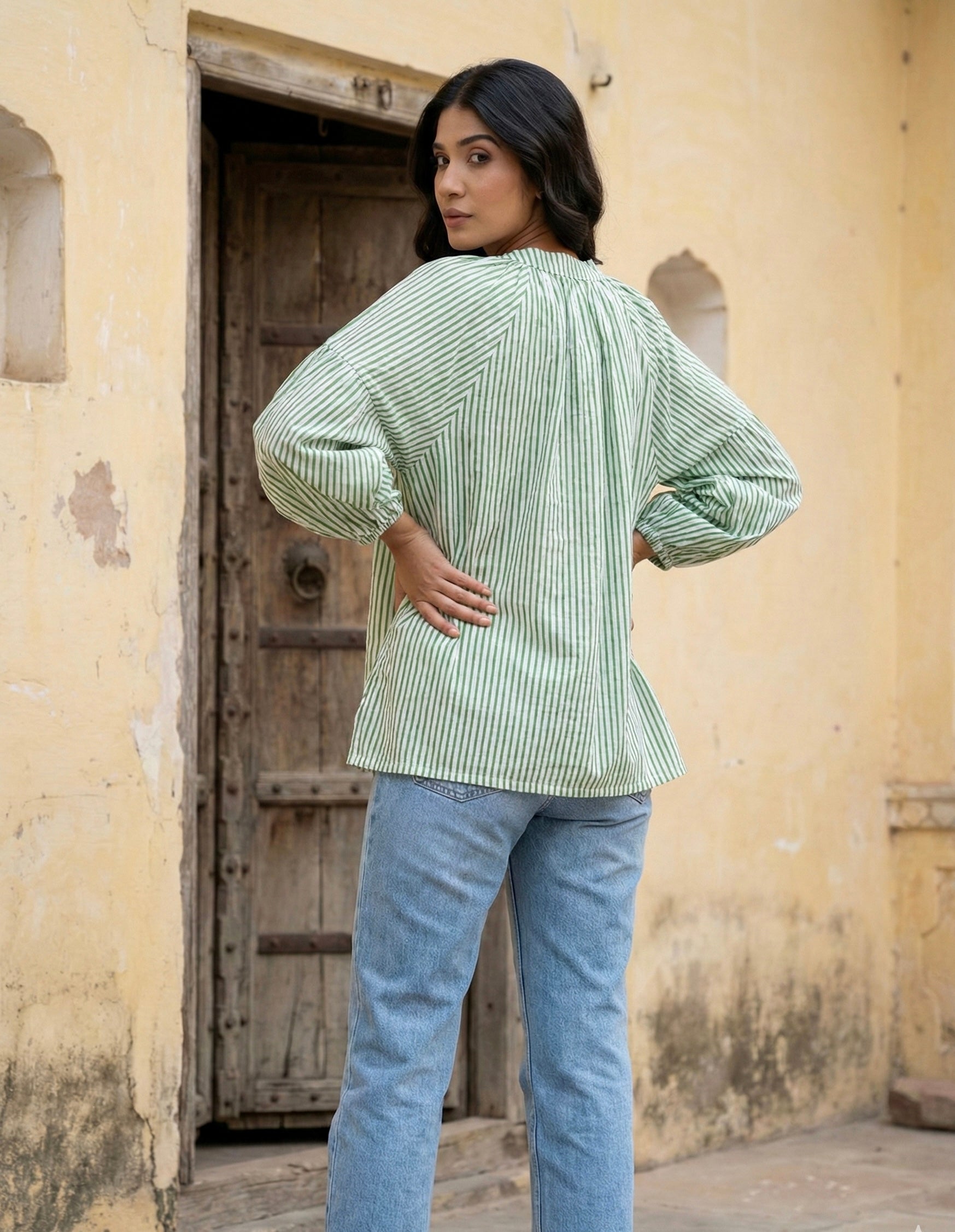 Green Striped Cotton Top with Balloon Sleeves