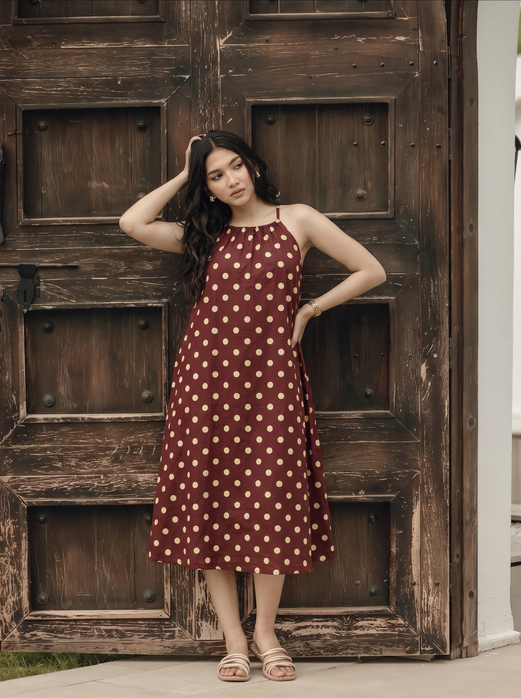Maroon Polka Dot Cotton Midi Dress