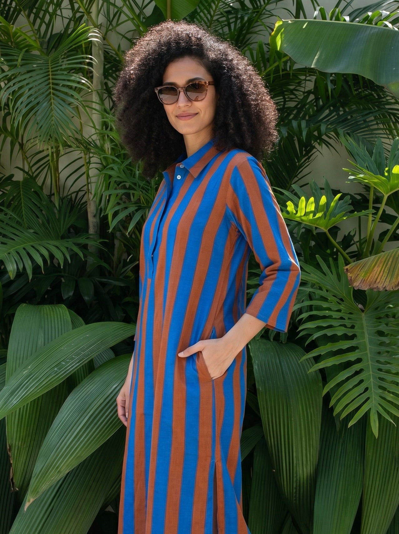 Blue & Rust Striped Cotton Shirt Dress