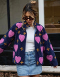 Blue Pink Heart Embroidered Statement Jacket