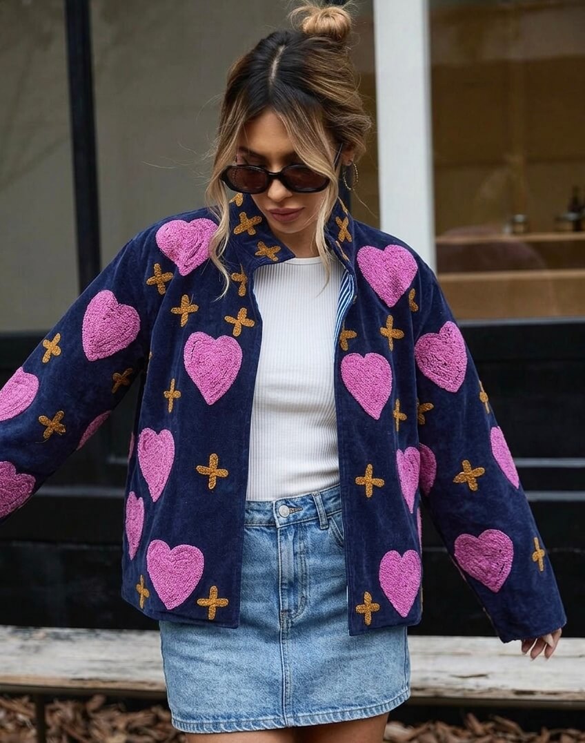 Blue Pink Heart Embroidered Statement Jacket