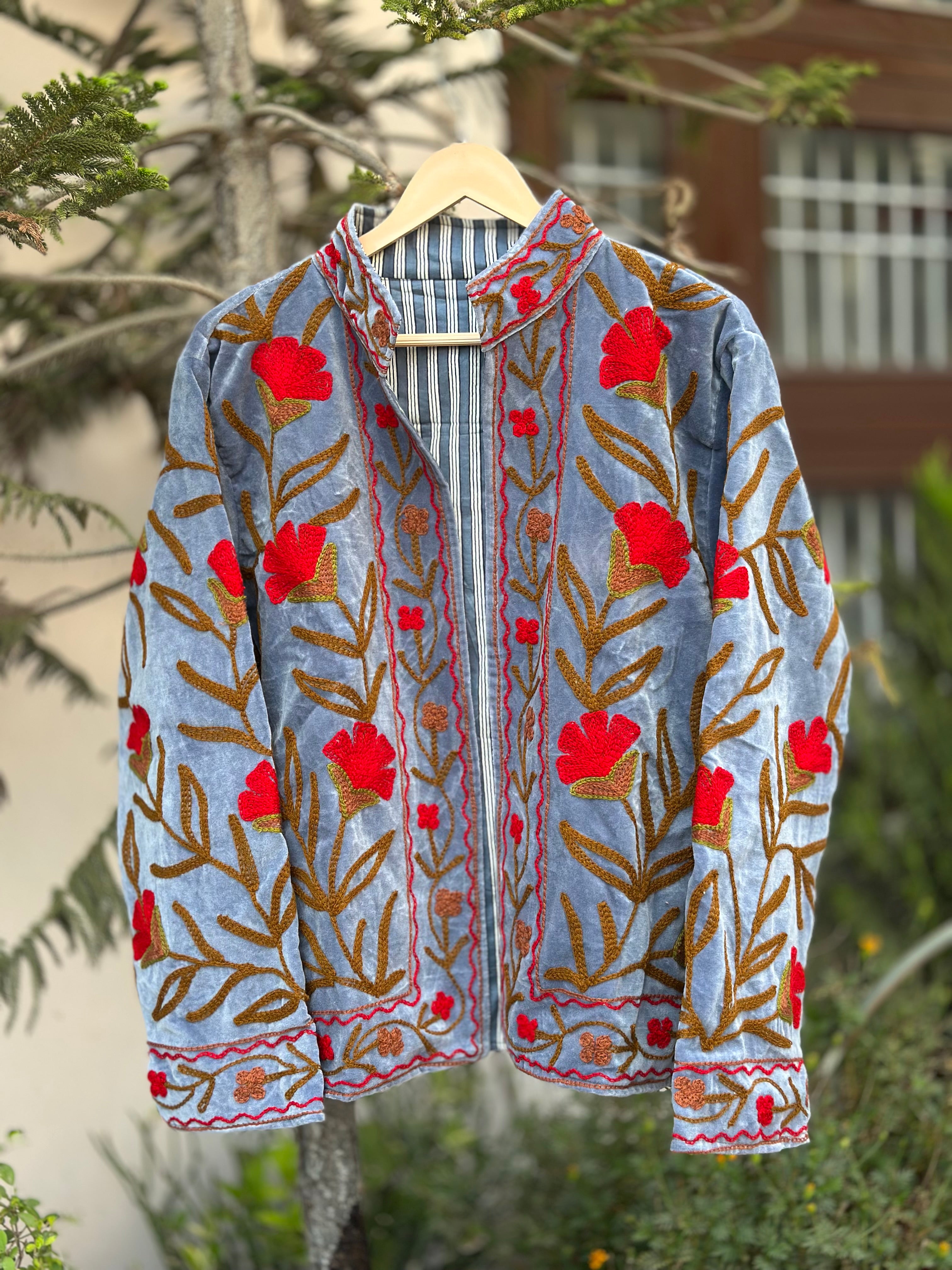 The Azure Bloom Velvet Embroidered Jacket