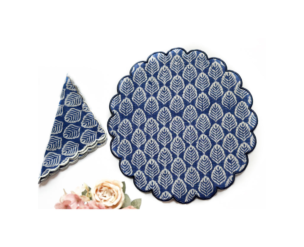 Indigo Leaf Quilted Placemats & Napkin Set of 6