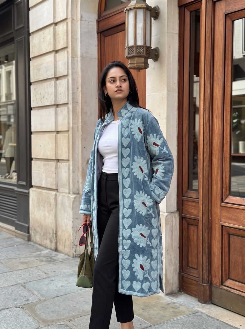 Powder Blue Suzani Velvet Long Jacket