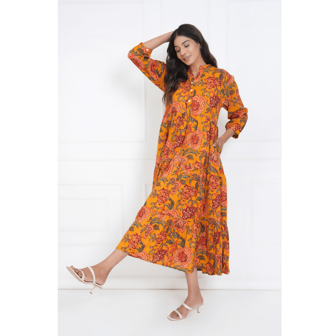 Mustard Floral Block Print Maxi Anokhi Dress