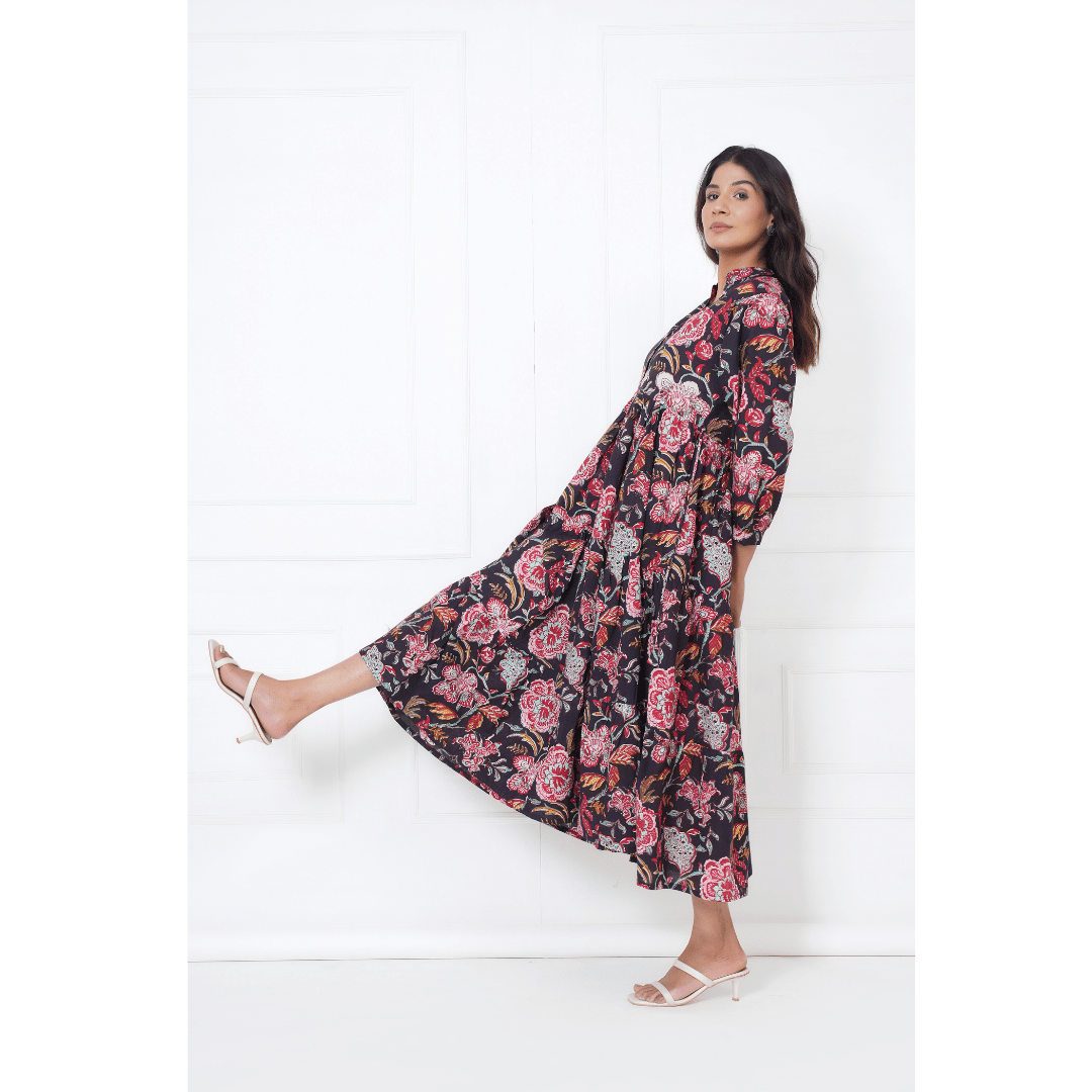 Floral Block Print Cotton Maxi Anokhi Dress