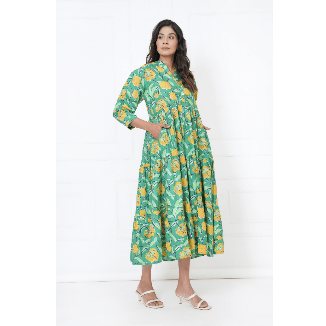 Aqua Garden Hand Block Print Maxi Anokhi Dress