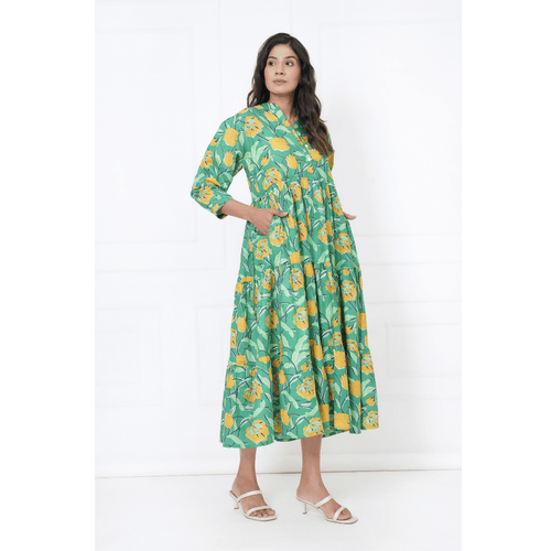 Aqua Garden Hand Block Print Maxi Anokhi Dress