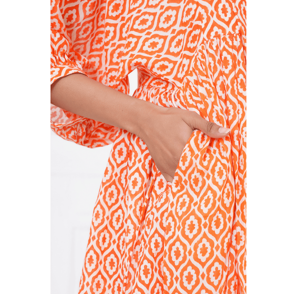 Orange Floral Hand-Block Print Cotton Mini Doi Dress
