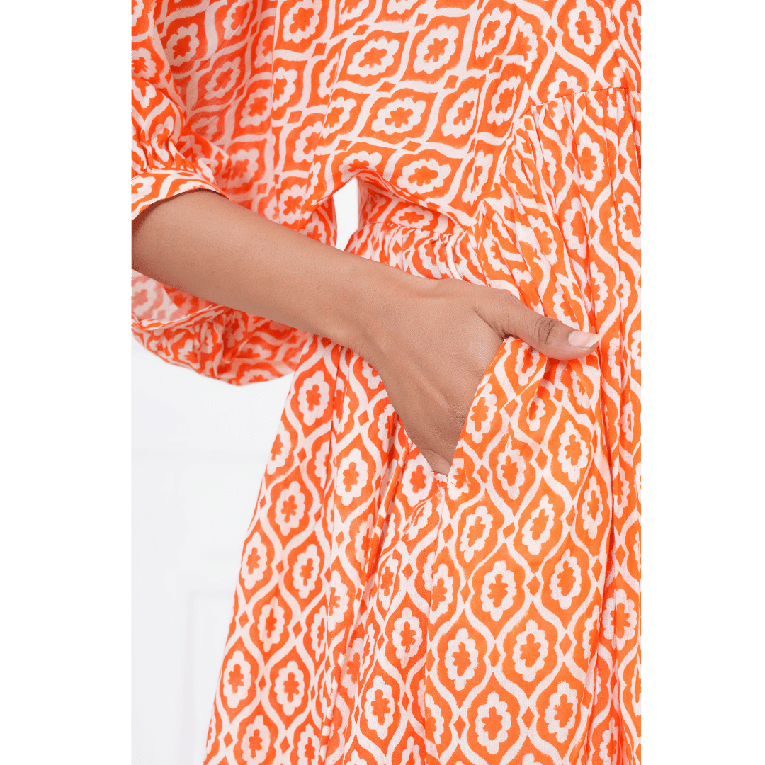 Orange Floral Hand-Block Print Cotton Mini Doi Dress