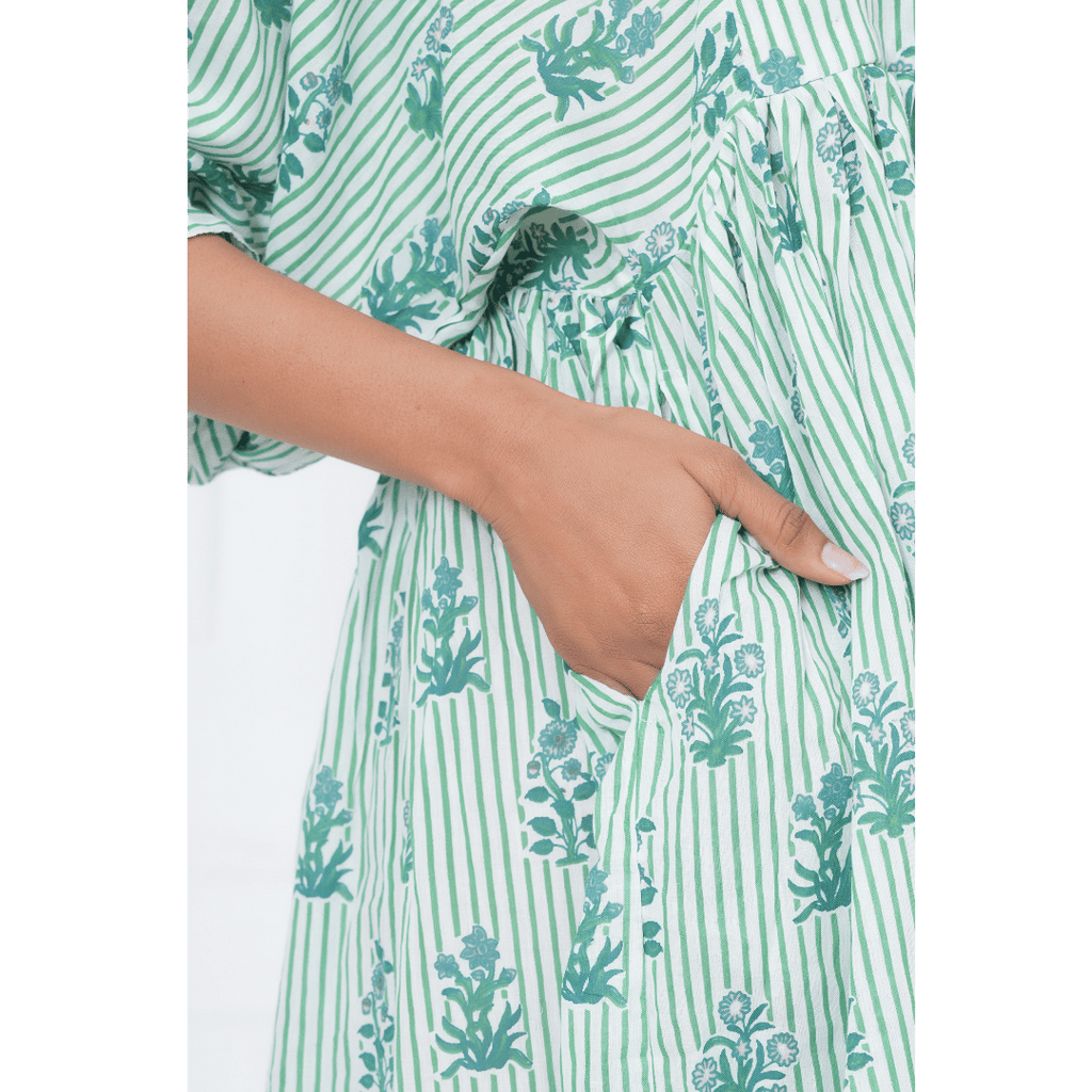 White Green Stripe Hand-Block Print Cotton Mini Doi Dress
