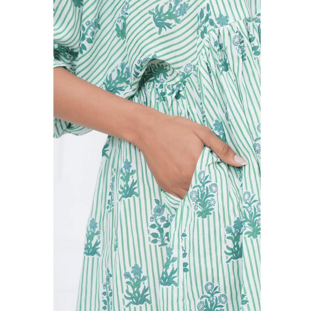 White Green Stripe Hand-Block Print Cotton Mini Doi Dress